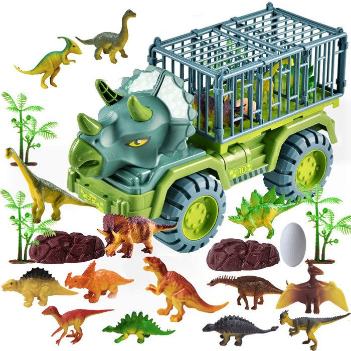 Jouet de Transport de Dinosaures pour Enfants Transporteur de Voiture Triceratops avec 15 figurines de Dinosaures 1 œuf et 1