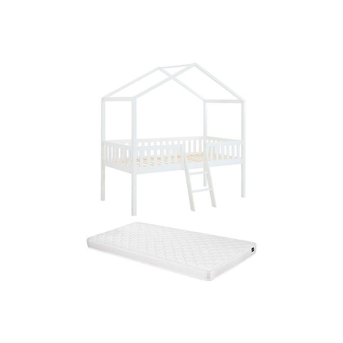 Lit cabane mi-hauteur 90 x 190 cm - Pin - Blanc + Matelas - NALENY Lit cabane mi-hauteur 90 x 190 cm - Pin - Blanc + Matelas - NALENY