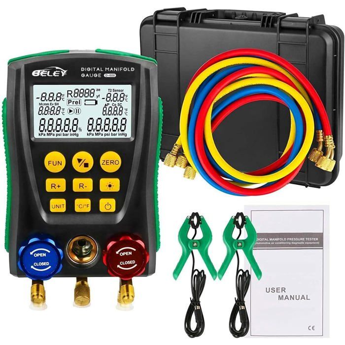 Manifold Numérique BELEY R32 R410a - Kit de Jauge pour Système HVAC avec 2 Pinces de Température