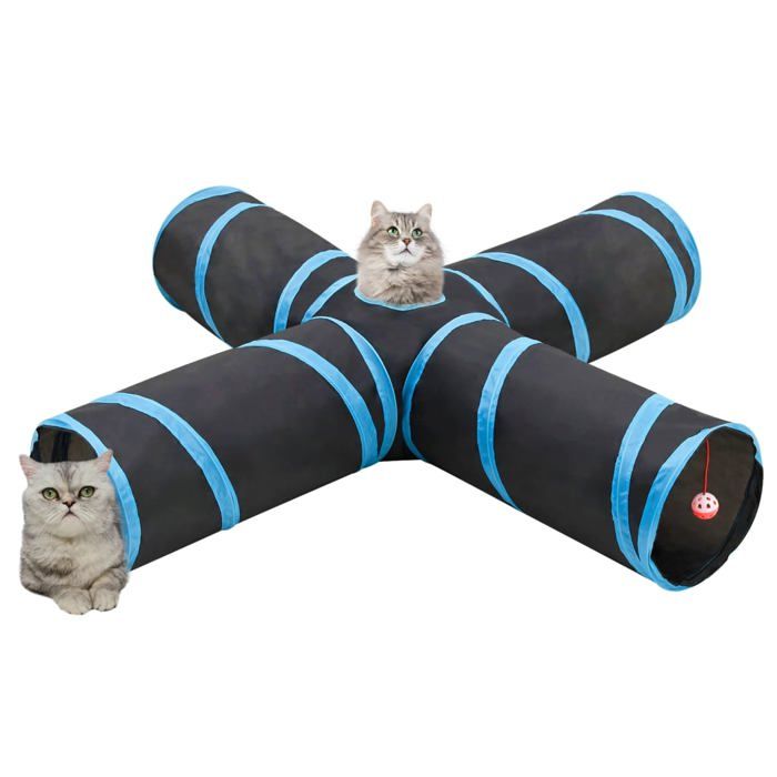 KALISSE®Tunnel pour chats à 4 voies Noir et bleu 132cm Polyester - Design pratique Pour tout-petit MagicFR05_95845314