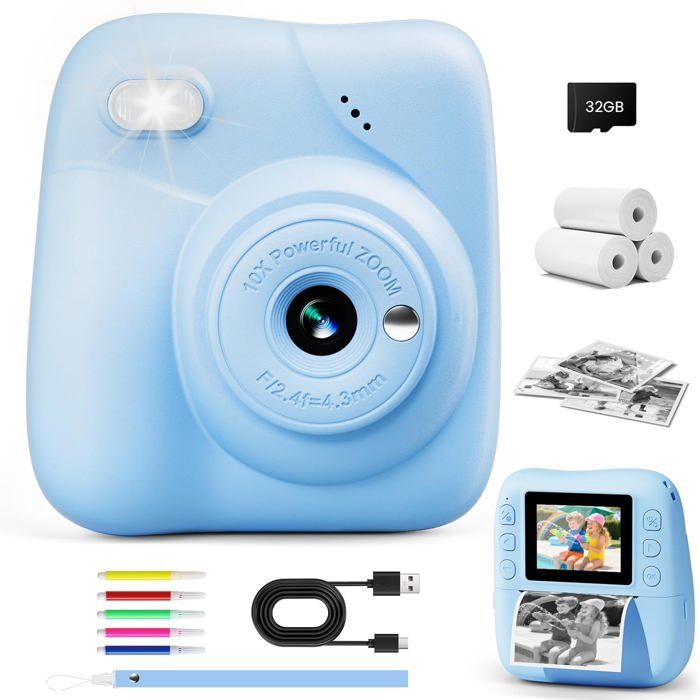 Appareil Photo Instantané Enfant 2.4" Avec Impression Papier Et Carte 32GB - Bleu