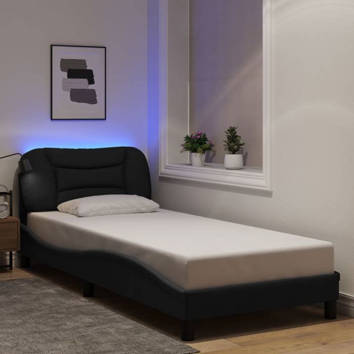 Structure de lit avec LED - UU - Hvar - Noir - 90x190 cm - Tissu polyester - Lattes de contreplaqué - Bande LED 55 cm