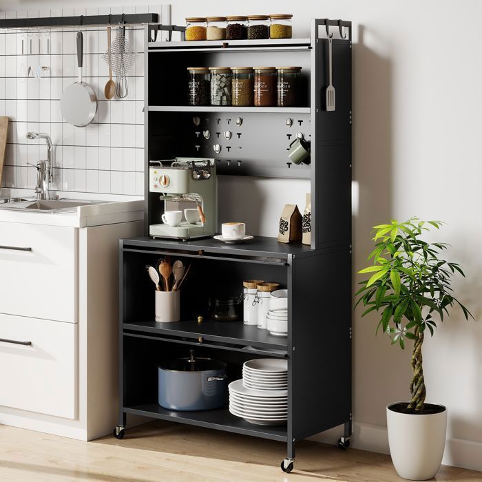 Buffet de Cuisine à 5 Niveaux COSTWAY Portes Battantes Panneau Perforé Crochets 4 Roues ou Pieds Ajustables Noir