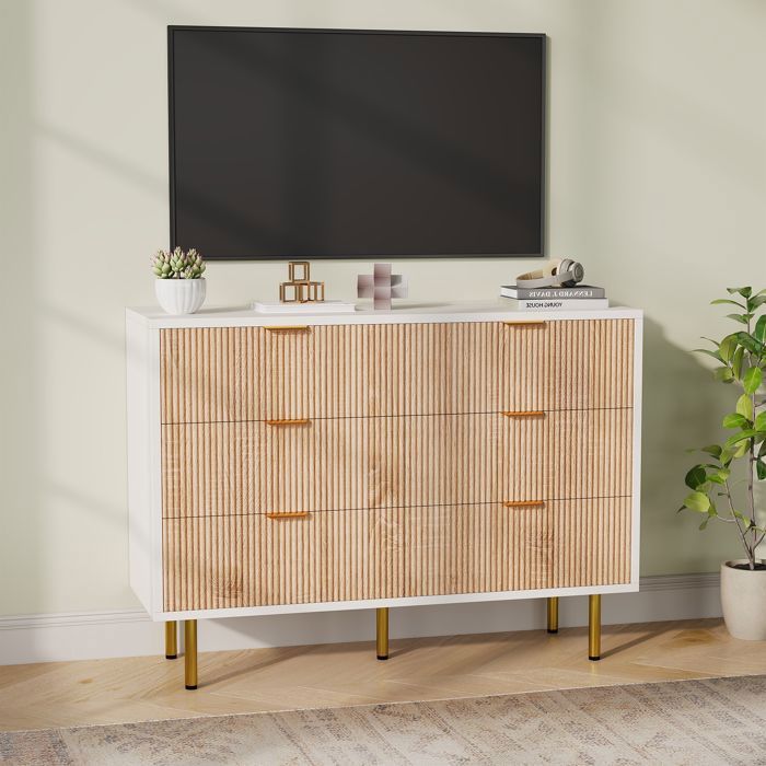 Commode 6 tiroirs - ADWOLT - Design Art Déco - Bois naturel - Montage simple - Rangement spacieux