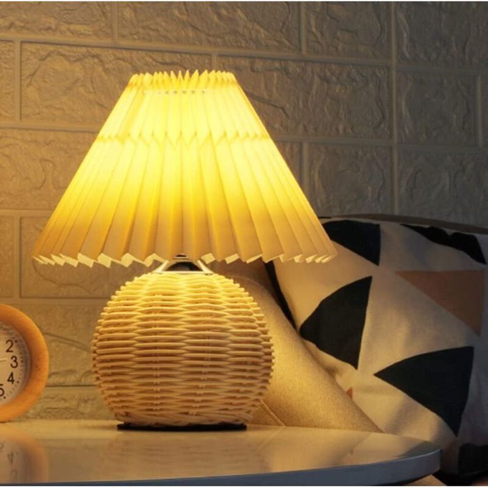 Lampe de chevet en rotin - MICH - Minimaliste - LED - Abat-jour en tissu - D10×H28 cm - Variateur dintensité - USB
