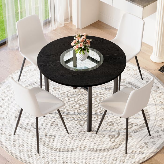 Ensemble de table ronde - 100 cm - 4 fauteuils en cuir PU - Intarsie en verre trempé - Aspect bois noir