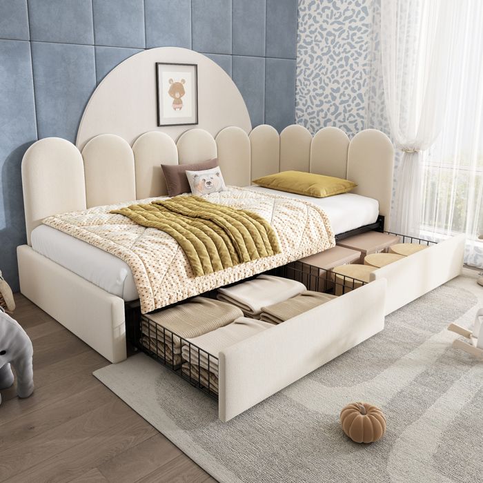 Lit banquette 90x200 cm avec 2 tiroirs de rangement. cadre en L modulable. sommier à lattes. velours beige