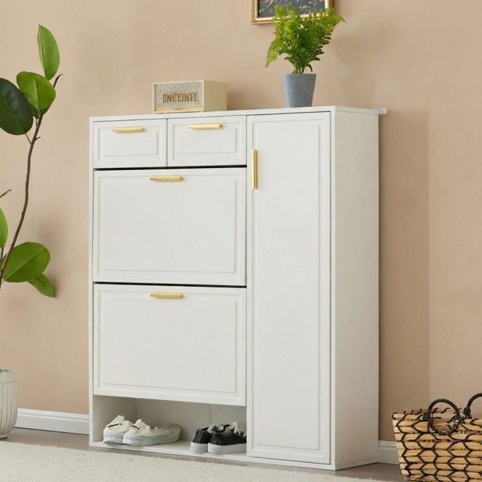 Meuble à chaussures - VVBV - L95xP24xH107 5 cm - Blanc - Poignées dorées - Tiroir & étagères réglables