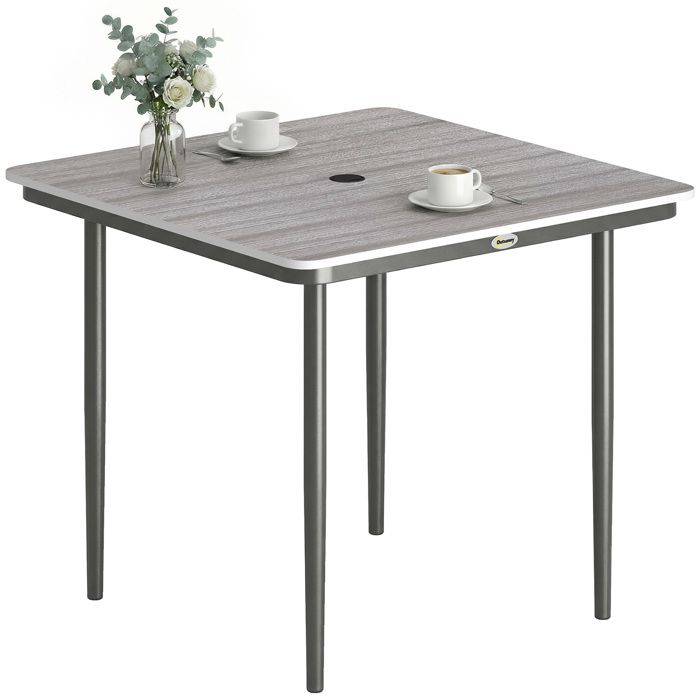 Table de jardin - Outsunny - 4 personnes - avectrou de parasol - composite bois plastique et métal - 85 x 85 x 725 cm - gris