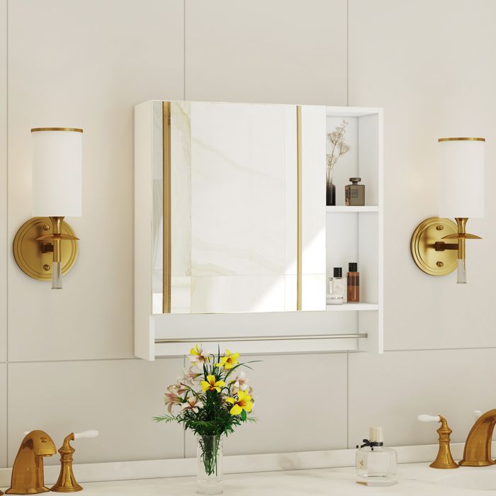 Armoire Murale Salle de Bain - BELLEMAVE - Meuble Salle de Bain avec Porte Miroir Rangement & Porte-serviettes - Blanc