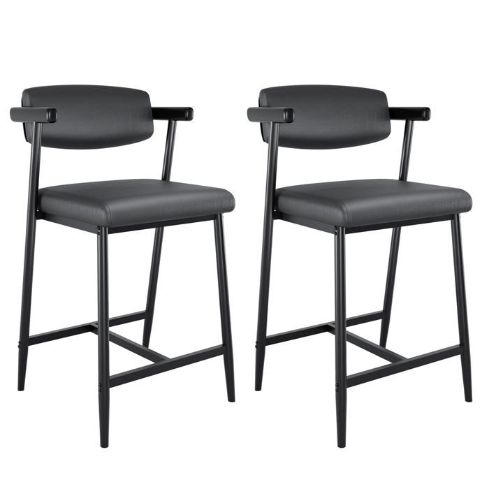 Tabourets de cuisine - LUNSY - Lot de 2 - 49x48x94 cm - Noir - Assise 65 cm - Structure en métal - Repose-pieds intégré