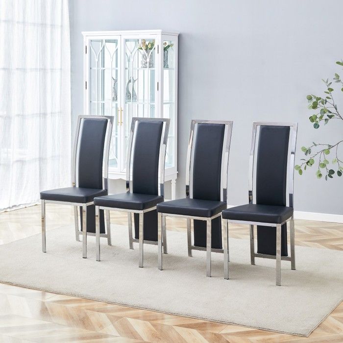 Lot De 4 Chaises De Salle À Manger Minimalistes Similicuir Noir Métal Argenté Design Européen Pour Intérieur Moderne 44x42.7x109cm Lot De 4 Chaises De Salle À Manger Minimalistes Similicuir Noir Métal Argenté Design Européen Pour Intérieur Moderne 44x42.7x109cm