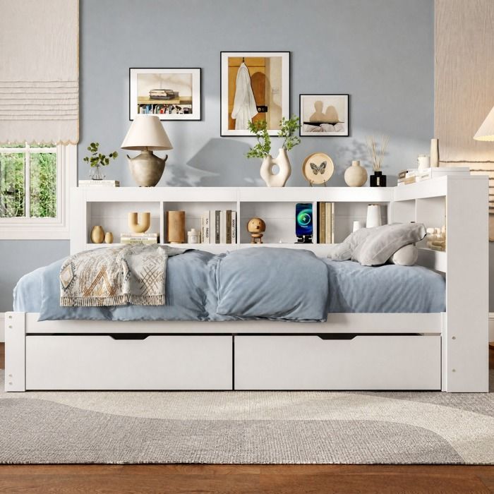 Lit combiné adulte 2 places 140×200 cm avec tiroirs prise et 2 ports USB - BEAUNIV - sans matelas MDF pin - blanc