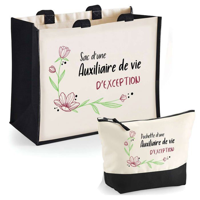 Duo cabas jute et trousse Auxiliaire de vie dexception Cadeau Collègue Anniversaire Noël Sac courses Pochette Maquillage Shopping