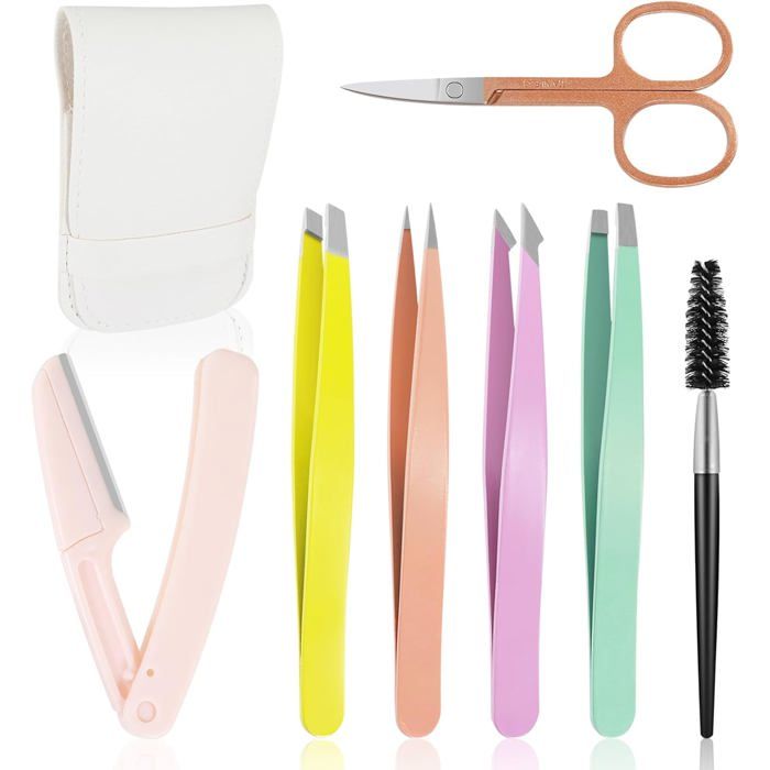 Kit 7 Pinces à Épiler en Acier Inoxydable - Pinces à Sourcils de Précision - Outils Pro avec Étui