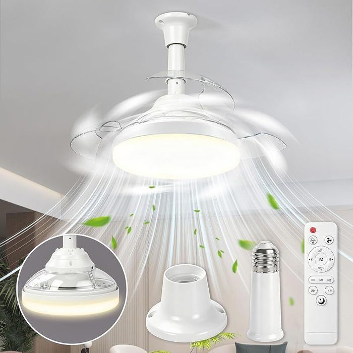 Ventilateur Plafond avec Lumiere 43CM Lustre Ventilateur de Plafond Pliable avec Douille E27 et Telecommande Petit Blanc