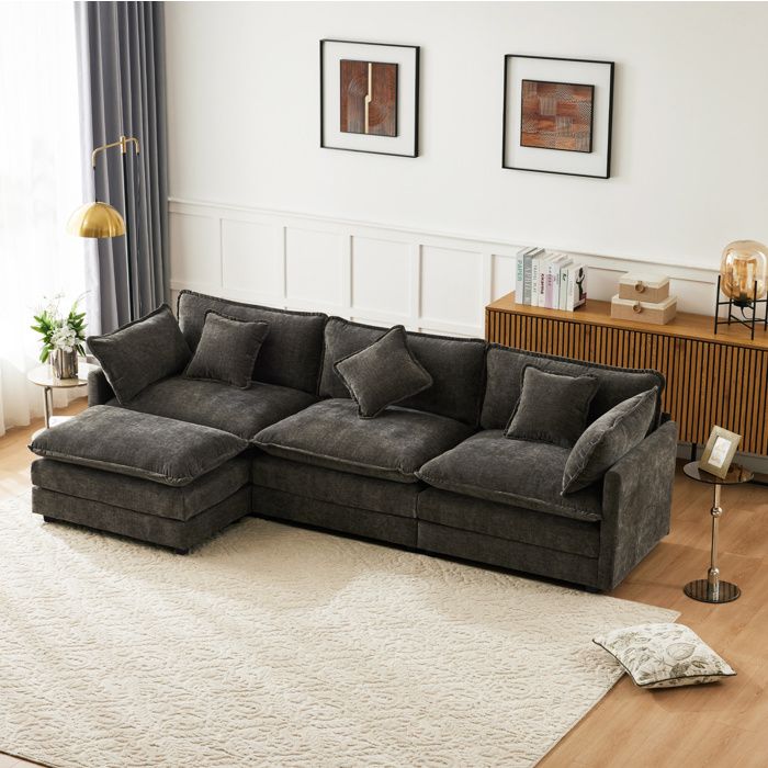 Canapé en L 3 places gris en chenille avec repose‑pieds mobilier rembourré pour salon et chambre
