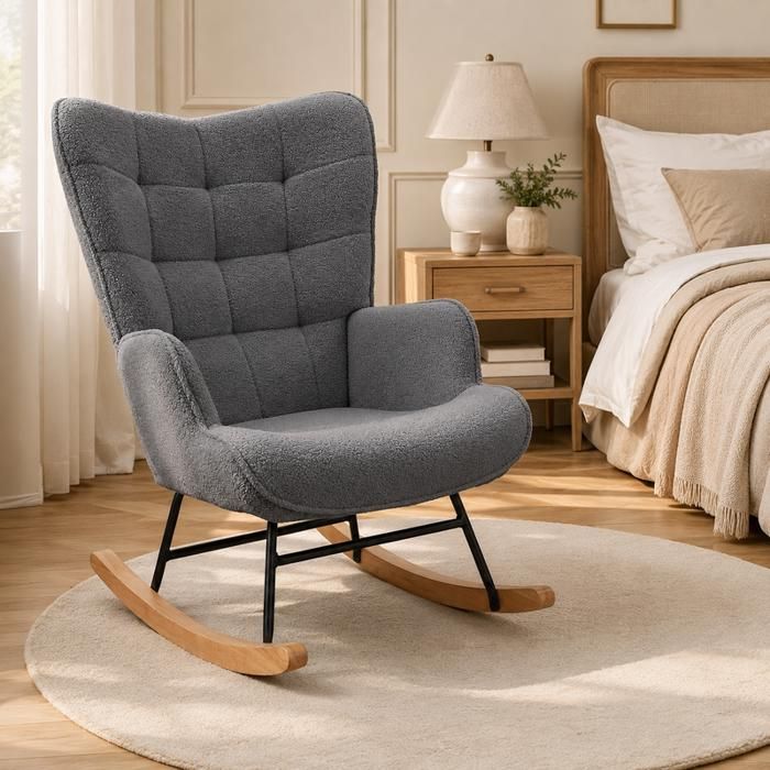 Fauteuil à bascule EZSSW tissu teddy dossier haut capitonné accoudoirs enveloppants fauteuil de lecture Gris foncé