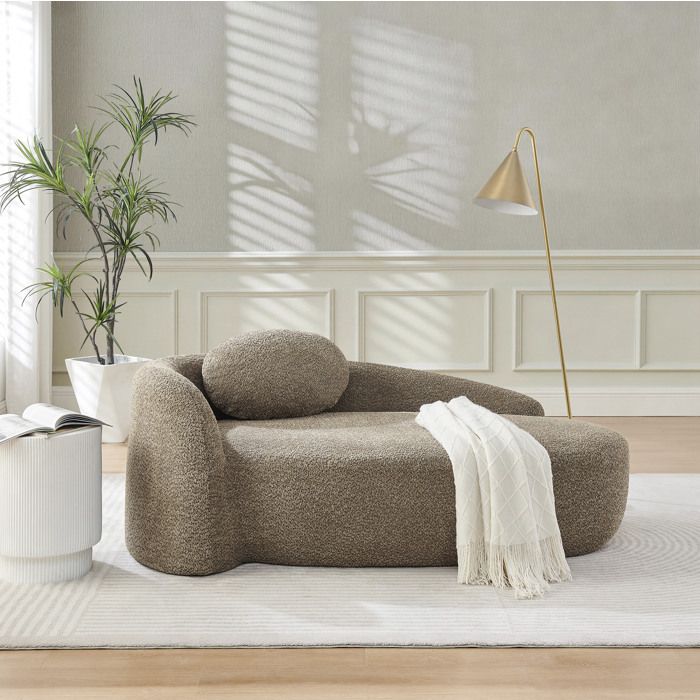 Canapé minimaliste marron tissu bouclette design arrondi confortable avec coussins usage salon/chambre/studio