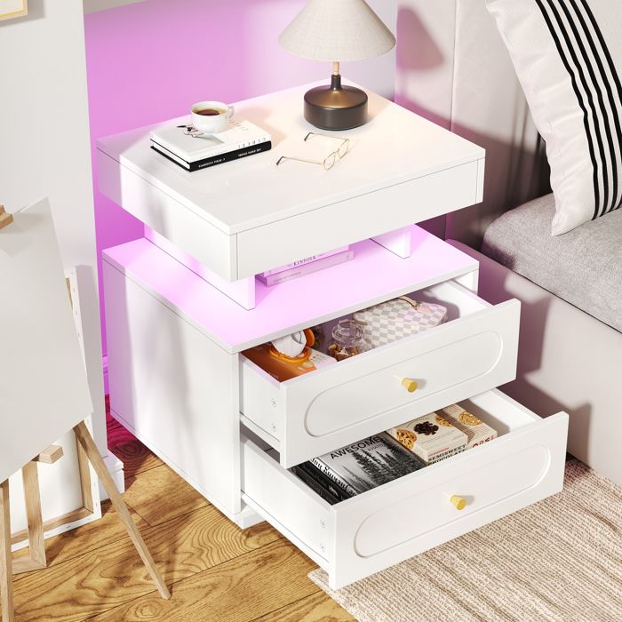 Table de chevet LED 2 tiroirs avec niche ouverte meuble rangement blanc en panneaux de particules 50x40x60 cm ORVRYN
