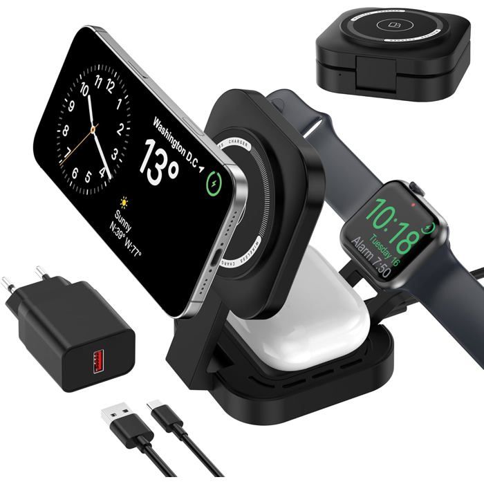 Station de charge 3 en 1 MagSafe iPhone 17-12 Apple Watch AirPods adaptateur inclus charge rapide sans fil noir