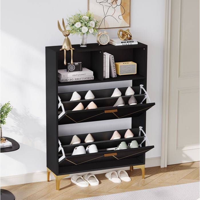 COVREO Meuble à chaussures 80 x 25 x 117 cm avec 2 abattants 4 compartiments 2 niches ouvertes noir