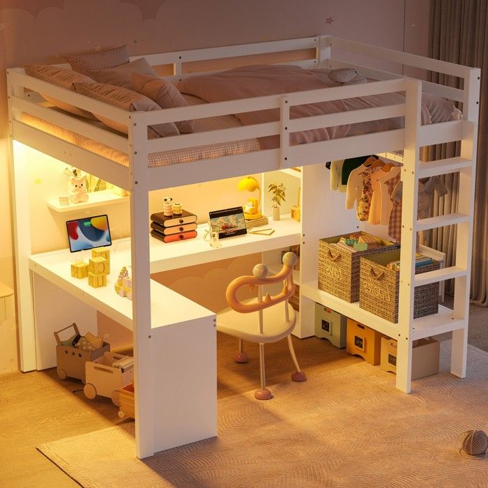 Lit mezzanine - PAGE LIVING - 90x200 - Bureau intégré - LED modulable - Station de charge USB