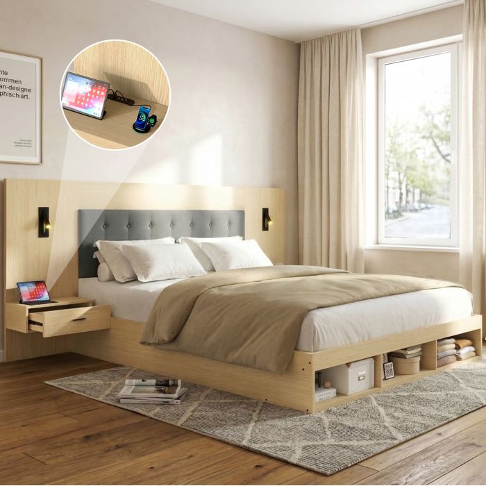 Modenuit Lit double 180 x 200 cm avec 2 tables de chevet USB et Type-C liseuses orientables chêne clair