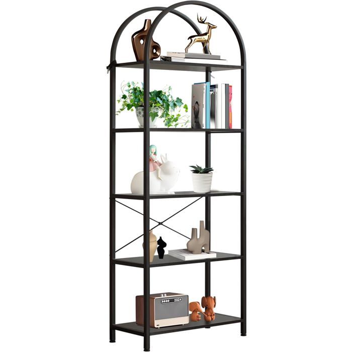 Bibliothèque style industriel Étagère arche à 5 niveaux -métal et bois - style industriel- pour chambre salon ou bureau-noir