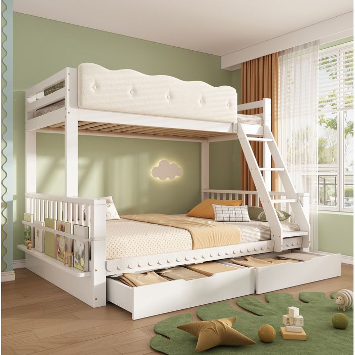 Lit superposé familial en bois 90 x 200 / 140 x 200 cm blanc avec 2 tiroirs porte-revues et échelle inclinée