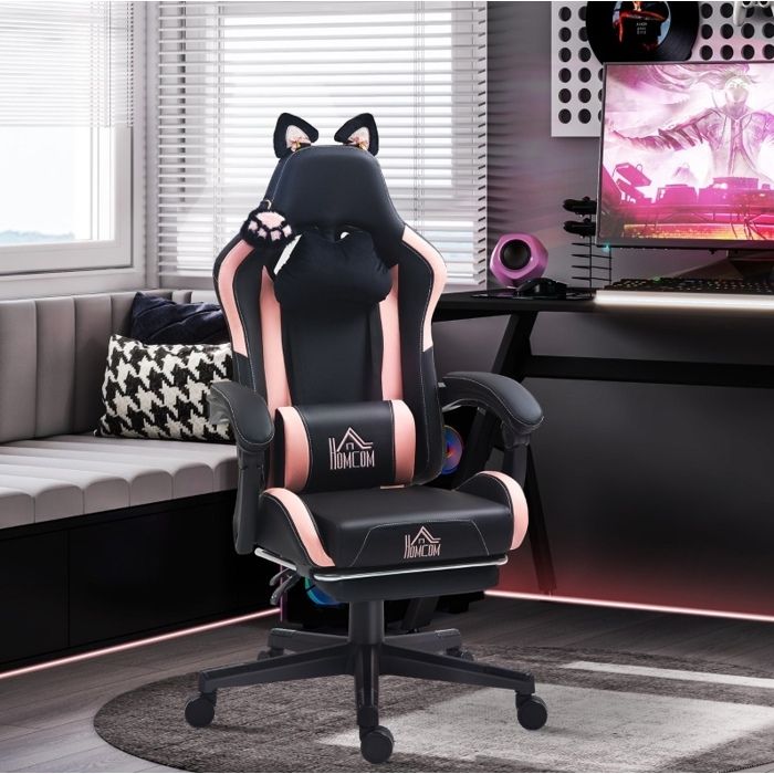 Fauteuil gaming oreilles de chat inclinable 135° - BEAUNIV - repose-pieds hauteur réglable simili cuir noir et rose