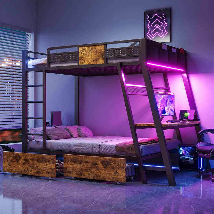 Lit superposé en métal 90x200 cm avec bureau gaming intégré et prises USB-C lit surélevé avec RGB LED noir (sans matelas)