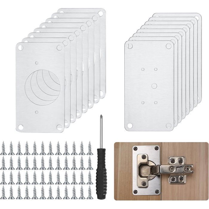 Plaques de Réparation Charnière Meuble 16 Pièces Acier Inoxydable Kit pour Porte de Placard avec Tournevis