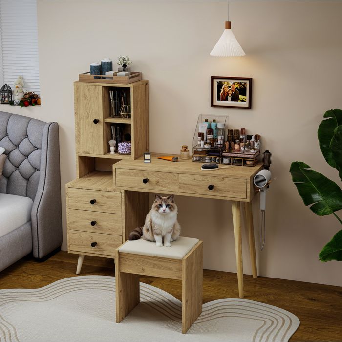 Coiffeuse Bois Naturel Beige Coiffeuse Scandinave FloraGrace Pour Chambre Miroir Escamotable Et 5 Tiroirs 84x40x120cm