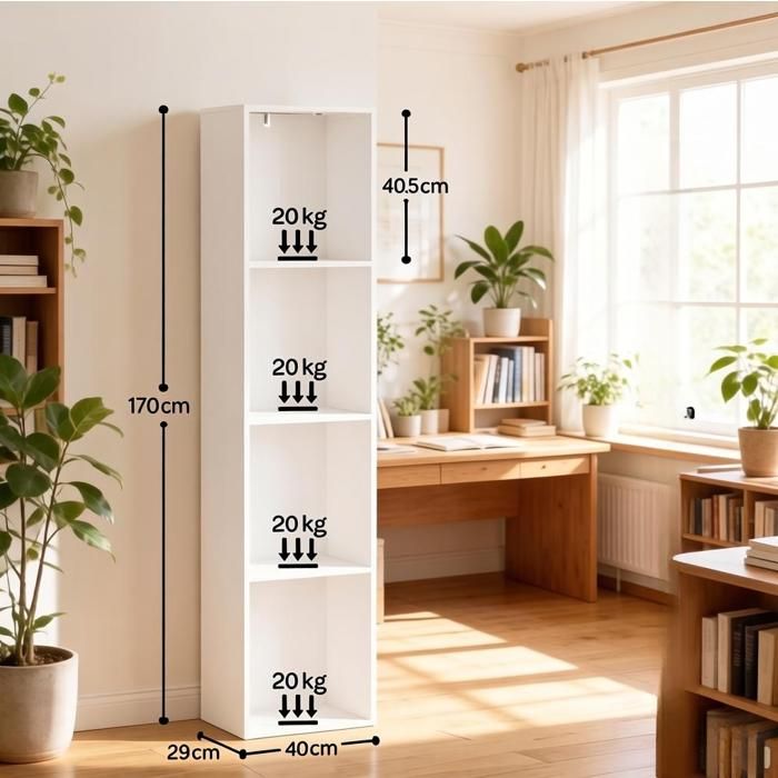 Bibliotheque verticale 4 compartiments ouverte avec eclairage RGB blanc 40 x 29 x 170 cm bois melamine ORVRYN