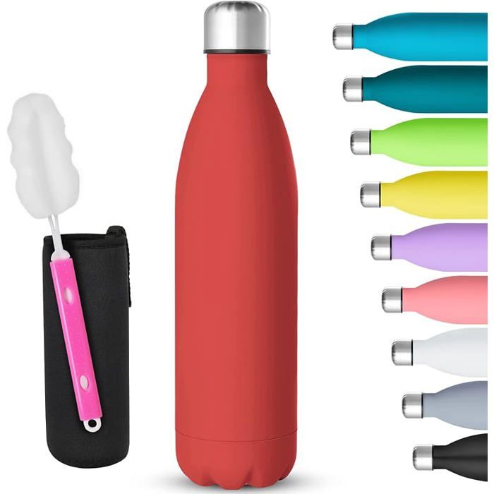 Gourde Isotherme 750MLGourde Inox Isotherme à Double Paroi Isolée sous Vide 12 Heures Chaudes et 24 Heures Rouge 750 ml