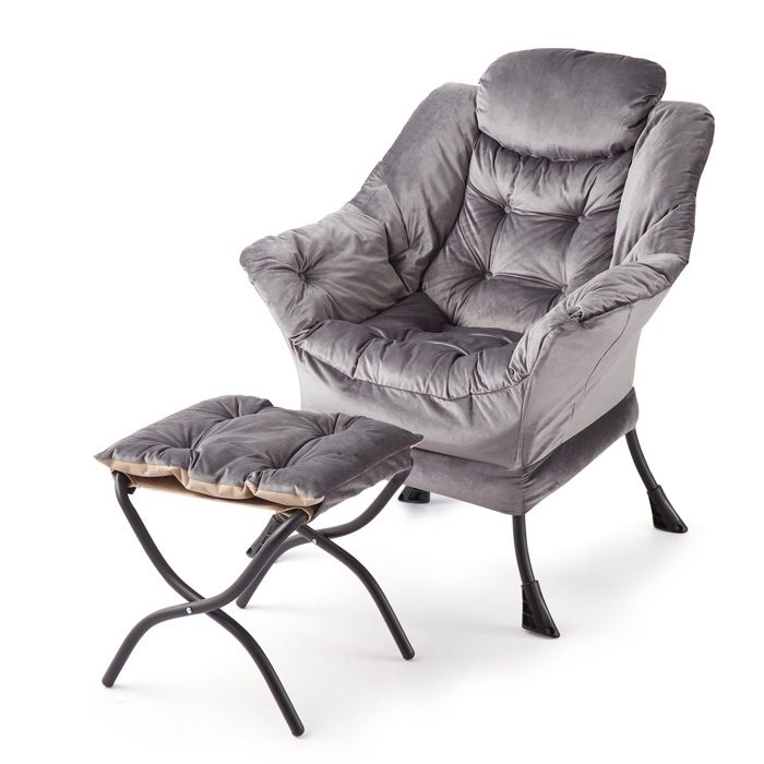 Fauteuil moderne en velours néerlandais avec accoudoirs poche latérale pieds acier et ottoman repose-pieds couleur gris clair