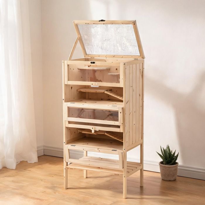 Cage à étages pour petits rongeurs 60 x 40 x 120 cm en bois de pin beige neutre 5 niveaux