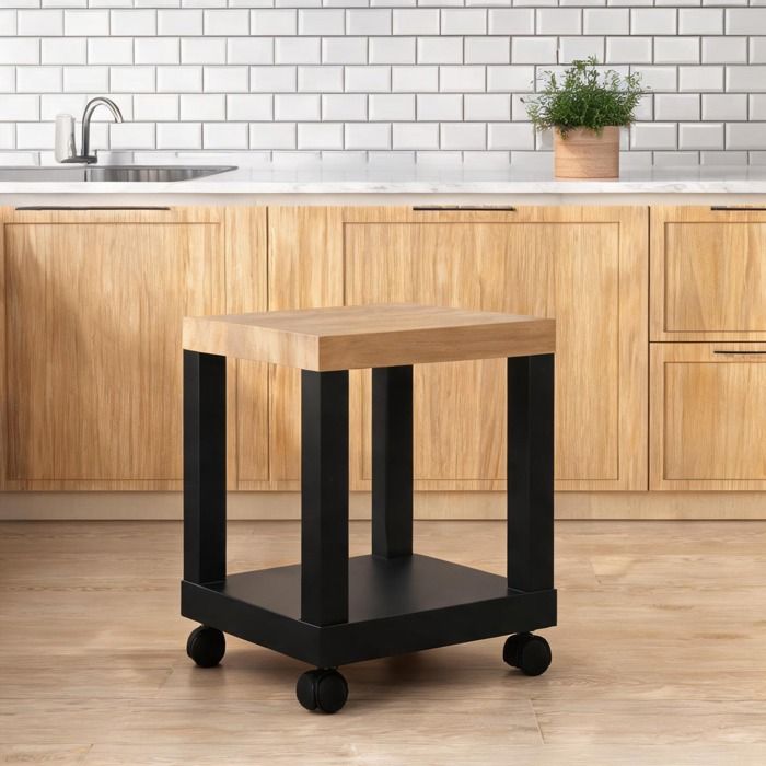 Table dappoint roulante pour salon en MDF bois naturel et noir 40 x 40 x 40 cm design contemporain