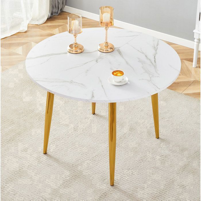 WUVRIE Table à manger extensible ronde à ovale 107-137 cm MDF blanc effet marbre pieds en métal doré