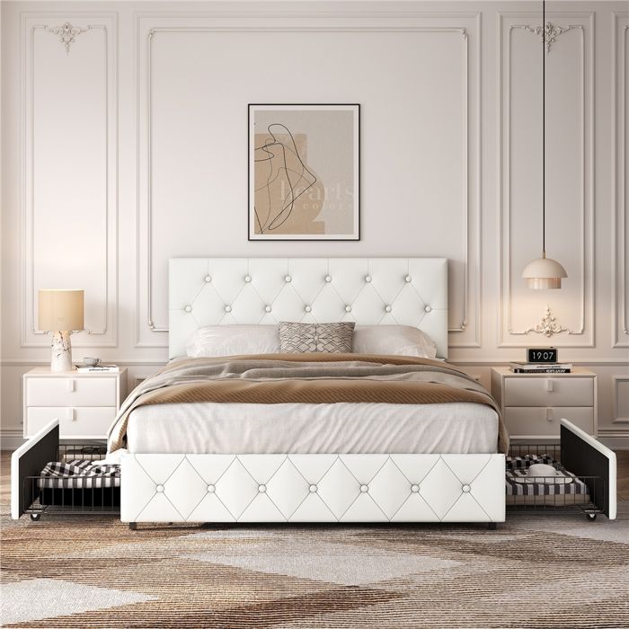 Cadre Lit 140x200 cm Tête Capitonnée Réglable Tiroirs Sommier Lattes Bois/Métal Design Classique Double Blanc YAHEETECH Cadre Lit 140x200 cm Tête Capitonnée Réglable Tiroirs Sommier Lattes Bois/Métal Design Classique Double Blanc YAHEETECH