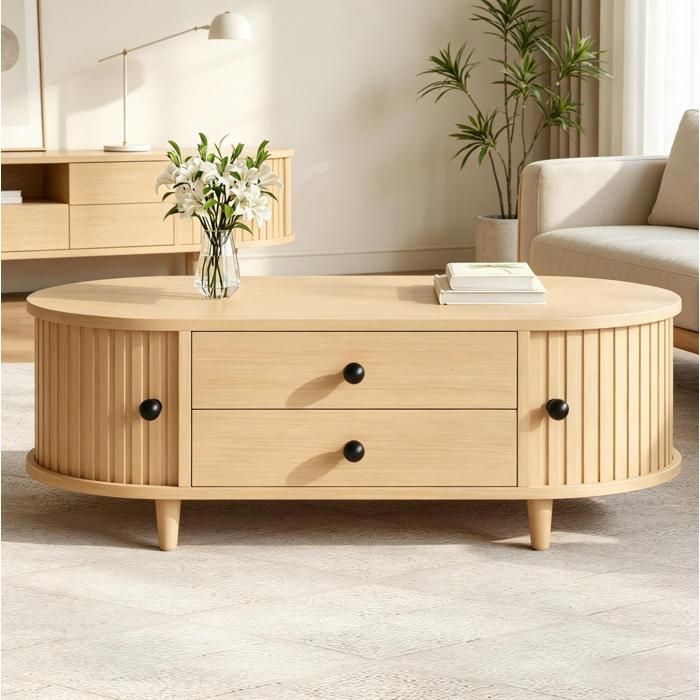 Table basse beige 100 x 50 x 36 cm avec 2 tiroirs et portes latérales MDF pieds en bois massif 50 kg