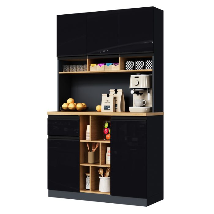 Buffet de cuisine - FURNITURER - 105x35x185 cm - Noir - 8 portes - Plan de travail intégré