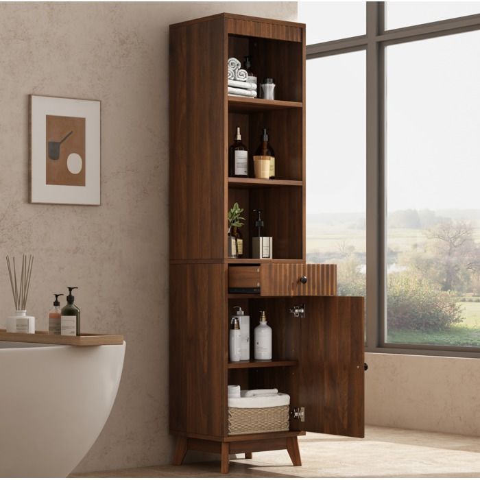 SENVIRO Colonne de salle de bain 40 x 36 x 172 cm noyer MDF porte réversible tiroir étagères ouvertes fermeture douce