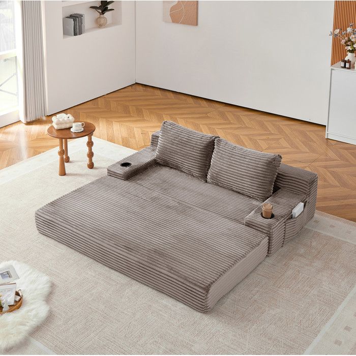 Modenuit Canapé-lit convertible 2 places 180 x 85 x 62 cm velours côtelé marron porte-gobelets