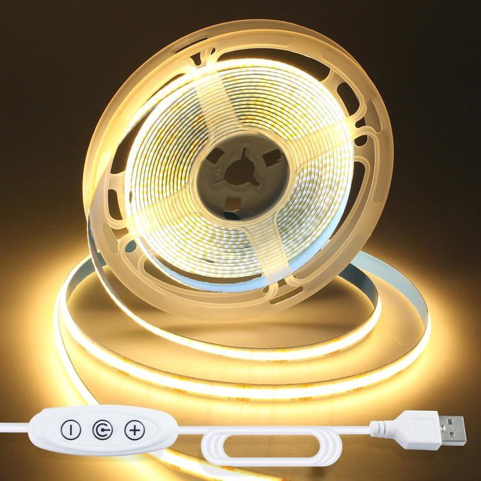 Ruban Led Cob 5M Usb Blanc Chaud 3000K Bande Led À Intensité Variable Pour Rétroéclairage Led De Téléviseur Armoires Miroirs