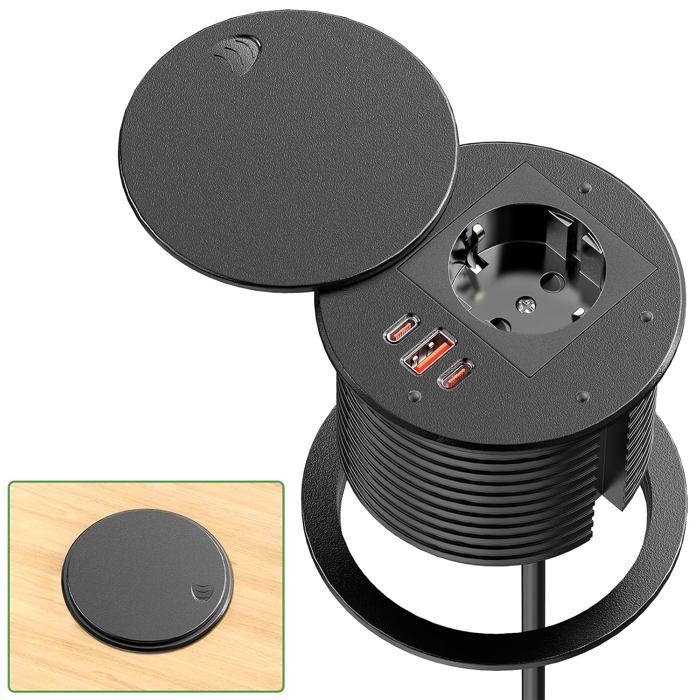 Multiprise encastrable plan de travail avec couvercle - 2 USB-C PD 35W et USB-A QC 30W 1 8 m de câble noir 80-85 mm
