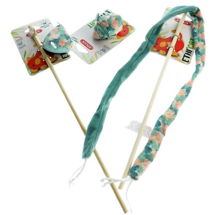 2 canne à pêche et 1 souris tissu feuille vert jouet pour chat - animallparadise