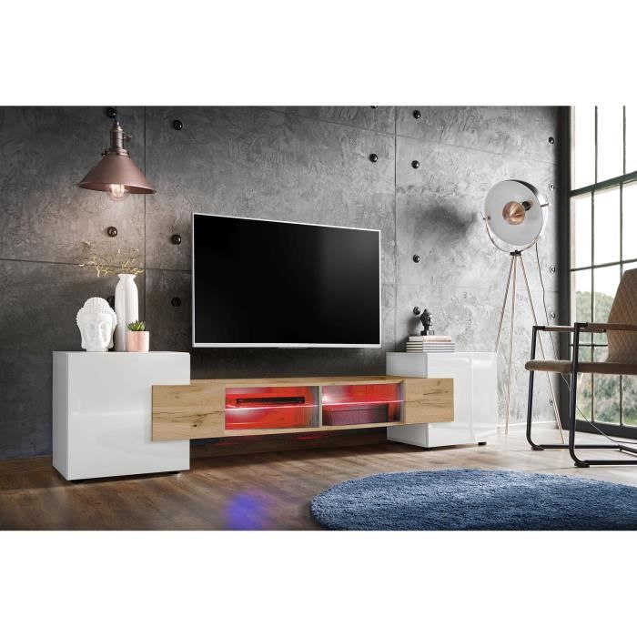 Meuble Banc TV Merano Komodee - LED RGB - Blanc & Wotan - Version 1 - L230cm x H53cm x P35cm