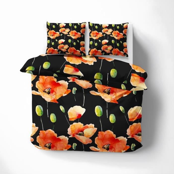 Housse De Couette 160X200 Coquelicot, Parure De Lit 2 Personnes, Motif